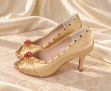 Load image into Gallery viewer, Gold Satin Bridal Heels with Red Crystal Roses | Princess Belle Inspired Shoes
