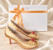 Load image into Gallery viewer, Gold Satin Bridal Heels with Red Crystal Roses | Princess Belle Inspired Shoes

