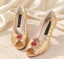Load image into Gallery viewer, Gold Satin Bridal Heels with Red Crystal Roses | Princess Belle Inspired Shoes
