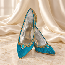 Load image into Gallery viewer, Jasmine Inspired Bridal Heels | Teal Tulle &amp; Gold Wedding Shoes
