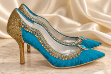 Load image into Gallery viewer, Jasmine Inspired Bridal Heels | Teal Tulle &amp; Gold Wedding Shoes
