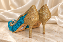Load image into Gallery viewer, Jasmine Inspired Bridal Heels | Teal Tulle &amp; Gold Wedding Shoes
