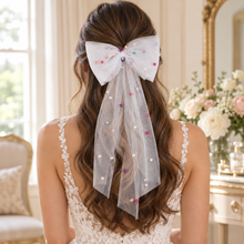 Load image into Gallery viewer, Pearl Tulle Hair Bow with Long Tails – Bridal Bow in White, Ivory, Black or Rainbow Pearls
