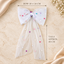 Load image into Gallery viewer, Pearl Tulle Hair Bow with Long Tails – Bridal Bow in White, Ivory, Black or Rainbow Pearls
