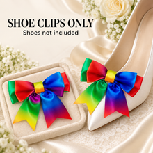 Load image into Gallery viewer, Rainbow Satin Bow Shoe Clips – Personalised Bridal Shoe Accessories
