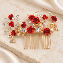 Load image into Gallery viewer, Red Rose Bridal Hair Comb | Gold Fairytale Floral Wedding Hairpiece
