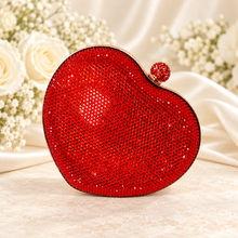 Load image into Gallery viewer, Red Crystal Heart Clutch Bag – Handmade Rhinestone Evening Purse with Removable Chain
