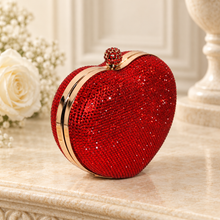 Load image into Gallery viewer, Red Crystal Heart Clutch Bag – Handmade Rhinestone Evening Purse with Removable Chain
