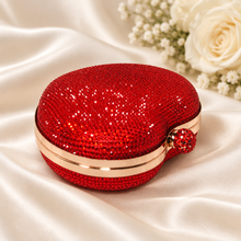 Load image into Gallery viewer, Red Crystal Heart Clutch Bag – Handmade Rhinestone Evening Purse with Removable Chain
