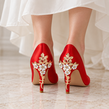 Load image into Gallery viewer, Red Satin Cherry Blossom Heels | Floral Wedding Shoes
