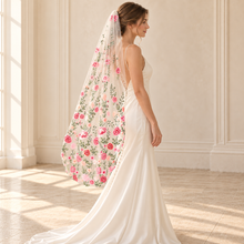Load image into Gallery viewer, Bright Rose Embroidered Wedding Veil – Colourful Floral Bridal Veil
