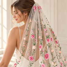 Load image into Gallery viewer, Bright Rose Embroidered Wedding Veil – Colourful Floral Bridal Veil
