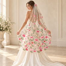 Load image into Gallery viewer, Bright Rose Embroidered Wedding Veil – Colourful Floral Bridal Veil
