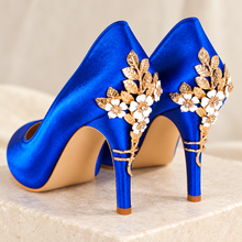 Load image into Gallery viewer, Royal Blue Satin Cherry Blossom Wedding Heels | Round Toe
