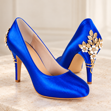 Load image into Gallery viewer, Royal Blue Satin Cherry Blossom Wedding Heels | Round Toe
