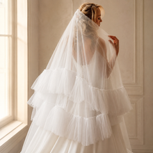 Load image into Gallery viewer, Ruffle edge wedding veil in soft tulle with comb for the bride, 2 Tier

