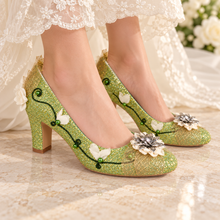 Load image into Gallery viewer, Tiana Inspired Bridal Block Heels | Green Glitter &amp; Golden Leaves
