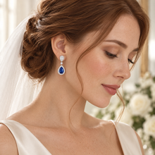 Load image into Gallery viewer, Sapphire Blue Teardrop Bridal Earrings – Silver Cubic Zirconia Drops
