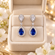 Load image into Gallery viewer, Sapphire Blue Teardrop Bridal Earrings – Silver Cubic Zirconia Drops
