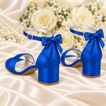 Load image into Gallery viewer, Satin Block Heel Wedding Sandals with Back Bow
