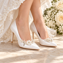 Load image into Gallery viewer, Satin Bridal Shoes with Removable Floral Shoe Clips
