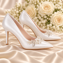 Load image into Gallery viewer, Satin Bridal Shoes with Removable Floral Shoe Clips
