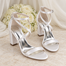 Load image into Gallery viewer, Satin Cross Strap Block Heel Wedding Sandals
