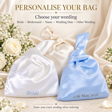 Load image into Gallery viewer, Personalised Satin Knot Bag – Bridal Wristlet in 8 Colours
