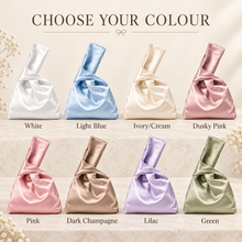 Load image into Gallery viewer, Personalised Satin Knot Bag – Bridal Wristlet in 8 Colours
