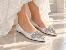 Load image into Gallery viewer, Satin Pointed Toe Bridal Flats with Rhinestone Appliqué
