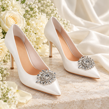 Load image into Gallery viewer, Satin Pointed Toe Wedding Shoes with Crystal Embellishment
