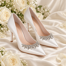 Load image into Gallery viewer, Ivory Satin Bridal Shoes with Removable Crystal Shoe Clip
