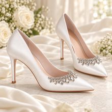Load image into Gallery viewer, Ivory Satin Bridal Shoes with Removable Crystal Shoe Clip
