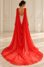 Load image into Gallery viewer, Red Chiffon Bridal Cape with Lace Details on Shoulders - 200cm

