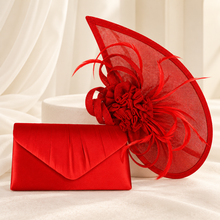 Load image into Gallery viewer, Scarlet Red Fascinator &amp; Satin Clutch Bag | Wedding Guest Set
