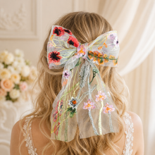 Load image into Gallery viewer, Mini Bright Meadow Flower Bow Hair Clip | Pink, Orange &amp; Blue | Floral Bridal Hair Accessory
