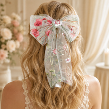 Load image into Gallery viewer, Mini Bright Meadow Flower Bow Hair Clip | Pink, Orange &amp; Blue | Floral Bridal Hair Accessory
