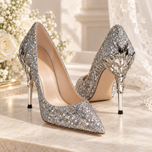 Load image into Gallery viewer, Belle-Inspired Glitter Bridal Shoes | Metal Leaf Wedding Heels
