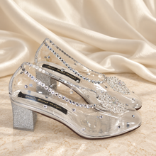 Load image into Gallery viewer, Cinderella Inspired Wedding Shoes | Crystal Hearts &amp; Low Clear Block Heels
