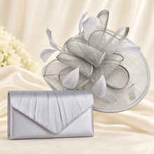 Load image into Gallery viewer, Silver Grey Fascinator &amp; Satin Clutch Bag | Matching Wedding Guest Set
