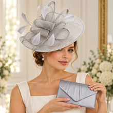 Load image into Gallery viewer, Silver Grey Fascinator &amp; Satin Clutch Bag | Matching Wedding Guest Set
