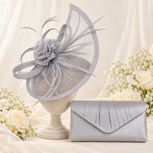 Load image into Gallery viewer, Silver Grey Fascinator &amp; Satin Clutch Bag Set – Handmade Wedding Guest Hatinator
