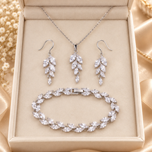 Load image into Gallery viewer, Silver Cubic Zirconia Leaf Bridal Jewellery Set – Necklace, Earrings &amp; Bracelet
