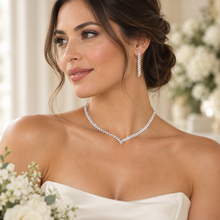 Load image into Gallery viewer, Crystal V Bridal Necklace &amp; Earring Set – Silver

