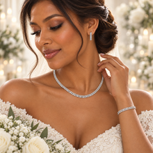 Load image into Gallery viewer, Silver Cubic Zirconia Bridal Jewellery Set – Necklace, Earrings &amp; Bracelet
