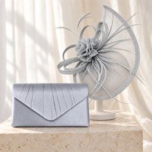 Load image into Gallery viewer, Silver Grey Fascinator &amp; Satin Clutch Bag Set – Handmade Wedding Guest Hatinator
