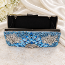Load image into Gallery viewer, Snow Princess Crystal Clutch Bag – Silver &amp; Ice Blue Bridal Purse
