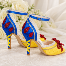 Load image into Gallery viewer, Snow White Inspired Wedding Shoes | Yellow &amp; Blue Satin Heels
