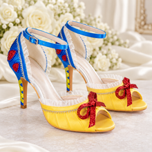 Load image into Gallery viewer, Snow White Inspired Wedding Shoes | Yellow &amp; Blue Satin Heels
