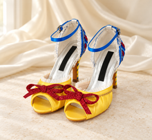 Load image into Gallery viewer, Snow White Inspired Wedding Shoes | Yellow &amp; Blue Satin Heels
